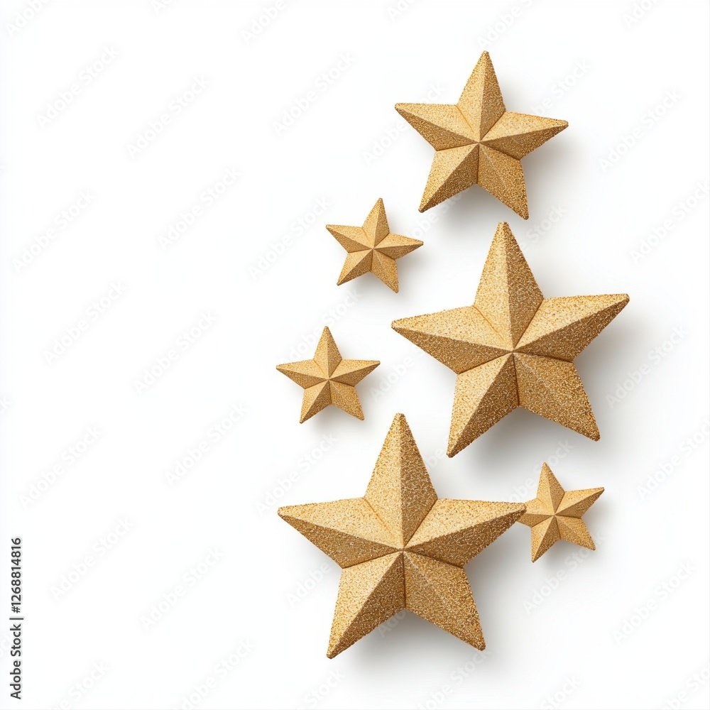 Cluster of gold stars on a white background creating a shimmering and glowing effect in various sizes