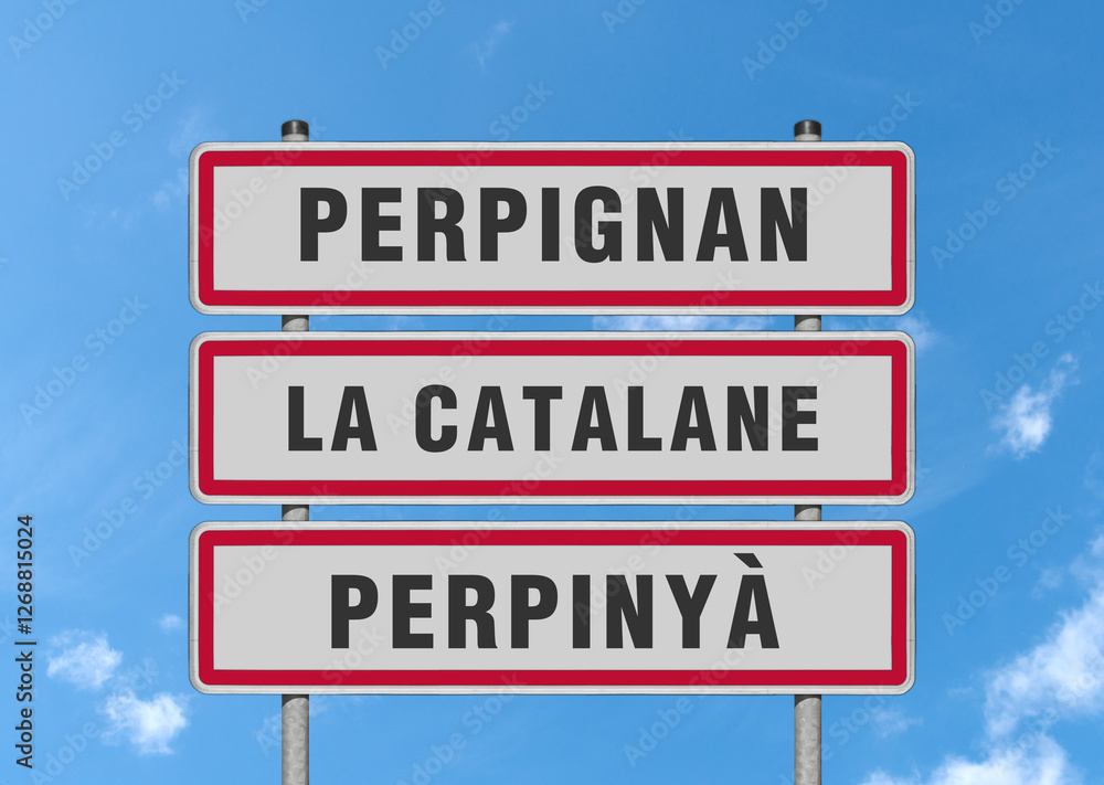 Perpignan, La Catalane, Perpinyà, panneaux d'entrée de ville, (symbolique) Perpignan, La Catalane, Perpinyà, panneaux d'entrée de ville, (symbolique)