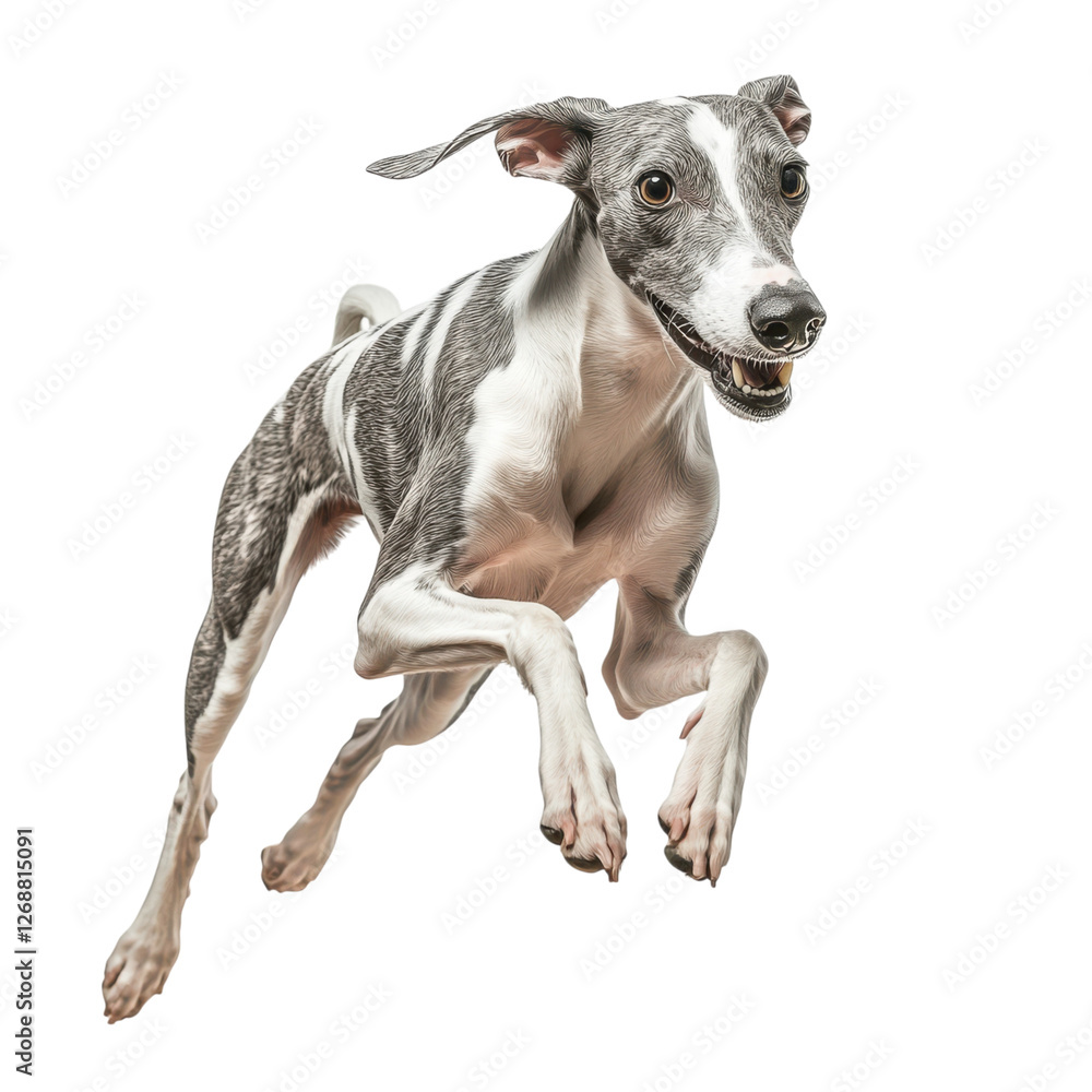 A sleek, playful dog leaps joyfully, showcasing its athleticism and energetic spirit. A sleek, playful dog leaps joyfully, showcasing its athleticism and energetic spirit.