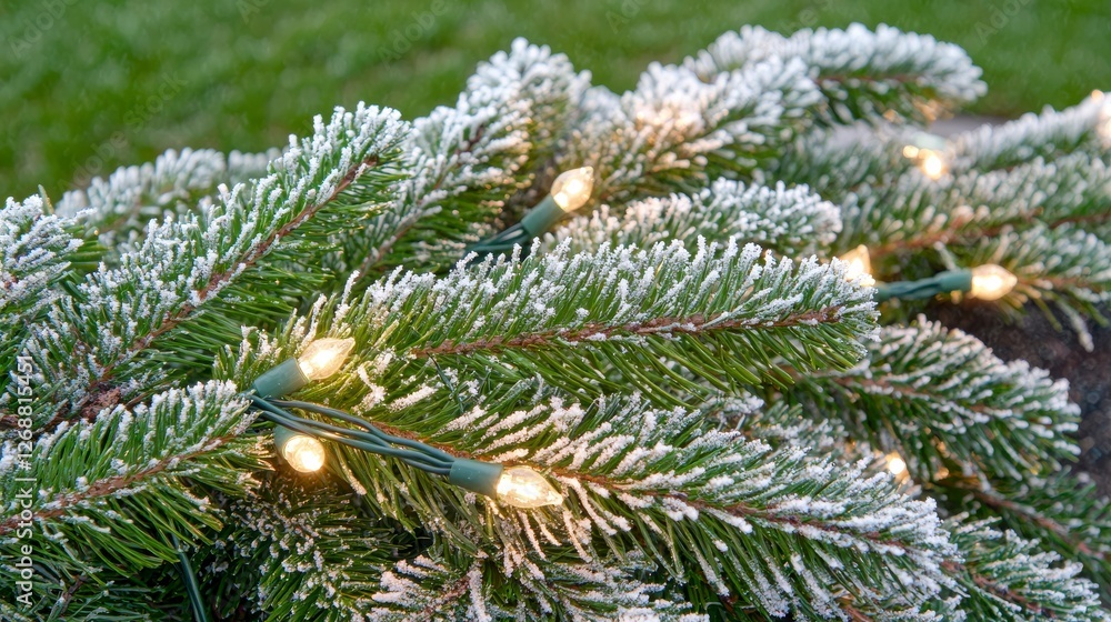 Frost Covered Pine Branches with Warm String Lights Frost Covered Pine Branches with Warm String Lights