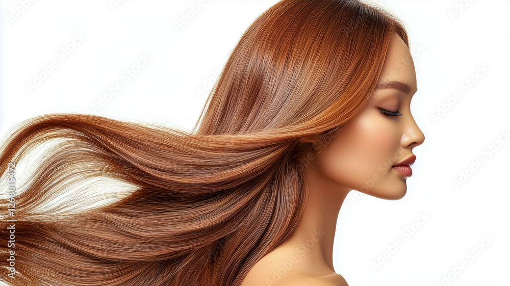 Obraz premium A profile view of a woman with flowing, glossy hair, showcasing a smooth and healthy appearance against a clean, white background, on white background