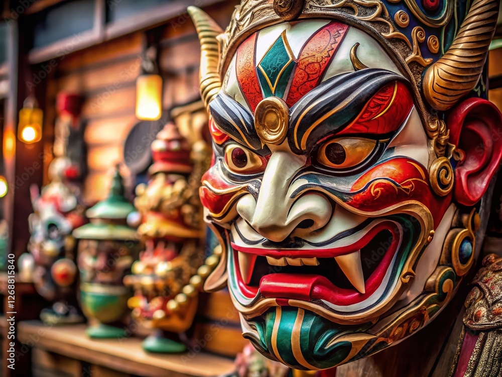 Authentic Japanese Traditional Mask, Left-Positioned with Copy Space for Design Elements Authentic Japanese Traditional Mask, Left-Positioned with Copy Space for Design Elements