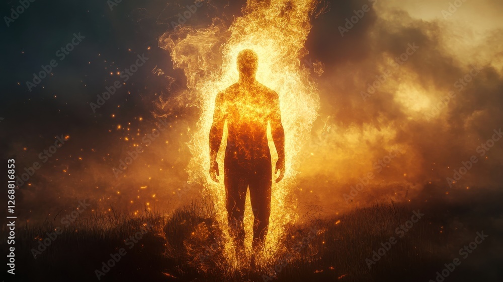Obraz premium Conceptual representation of a glowing man surrounded by flames in a dramatic sunset landscape