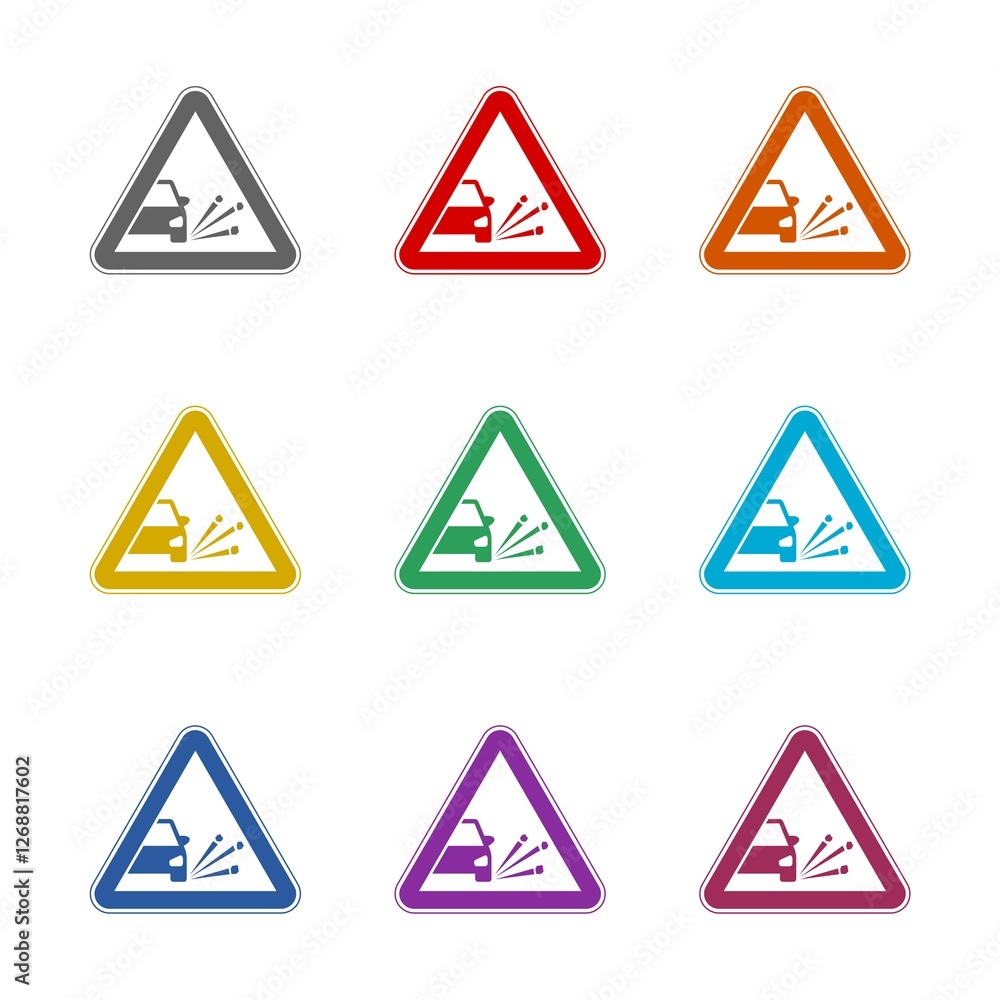 Loose gravel warning road sign icon isolated on white background. Set icons colorful Loose gravel warning road sign icon isolated on white background. Set icons colorful