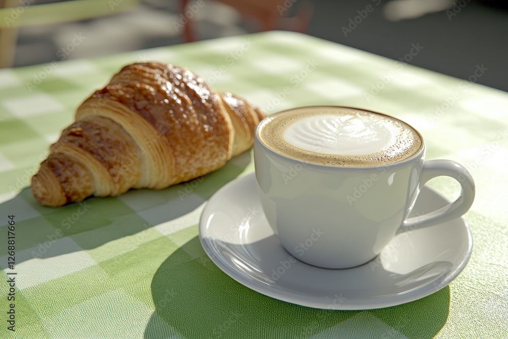 Sunlit Croissant and Cappuccino on Checkered Tablecloth Sunlit Croissant and Cappuccino on Checkered Tablecloth