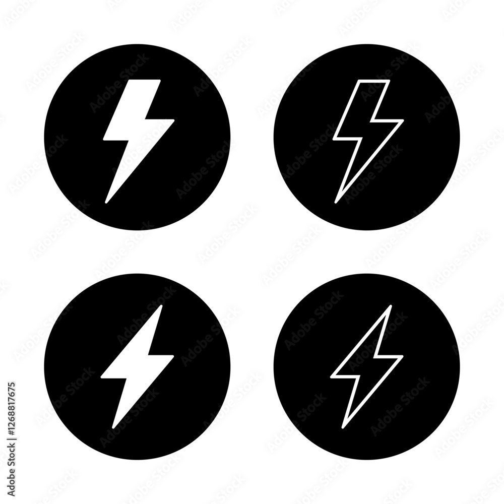 Lightning, electric icon set on black circle. Thunder bolt, power, energy sign symbol Lightning, electric icon set on black circle. Thunder bolt, power, energy sign symbol