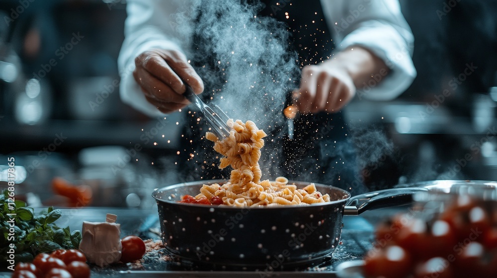 custom made wallpaper toronto digitalA chef skillfully prepares pasta in a steaming pot, showcasing culinary artistry.