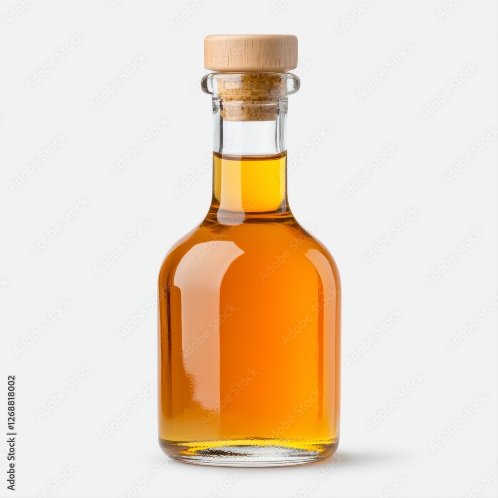 Bottle of maple syrup and homemade apple vinegar on a wooden table with clear liquid in glass containers Bottle of maple syrup and homemade apple vinegar on a wooden table with clear liquid in glass containers