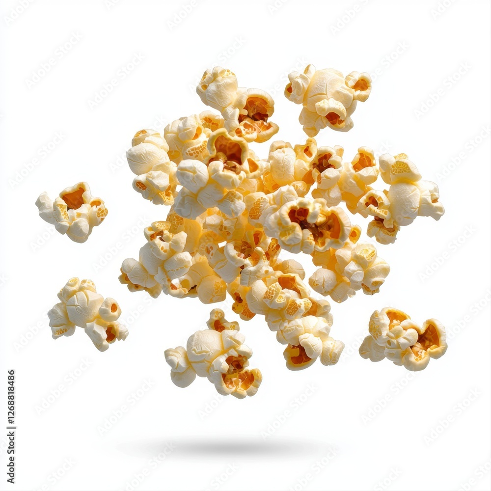Popcorn and kernels on white background with kernels in mid-air isolated on transparent backdrop Popcorn and kernels on white background with kernels in mid-air isolated on transparent backdrop