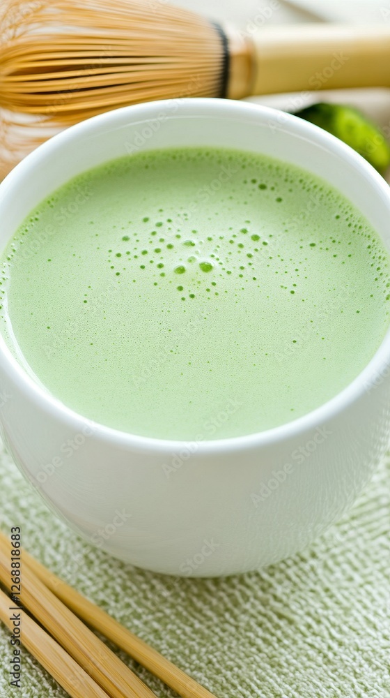 Vibrant Green Matcha Latte in White Bowl Vibrant Green Matcha Latte in White Bowl