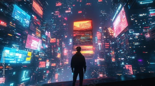 Cyberpunk city at night, colorful neon lights, silhouettes of men