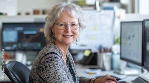 businesswoman working on a computer at a office with a smile and coffee photo