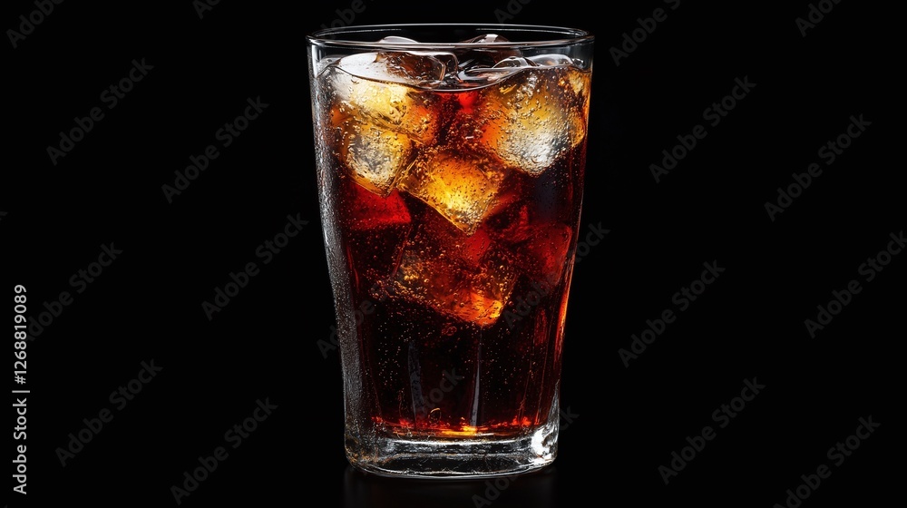 A glass of cola with ice on a white background
