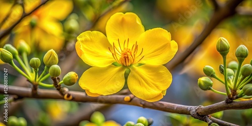 Wallpaper Mural Close-up of a bright yellow Ochna integerrima flower with intricate details and delicate petals unfolding like tiny trumpets Torontodigital.ca