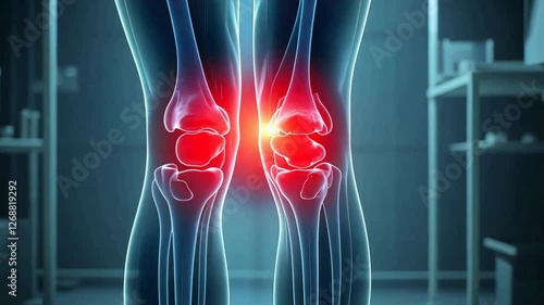 X ray illustration of knee joints highlighting pain and inflammation, showcasing medical concepts of joint injury, arthritis, and health issues. This depicts knee pain and joint discomfort