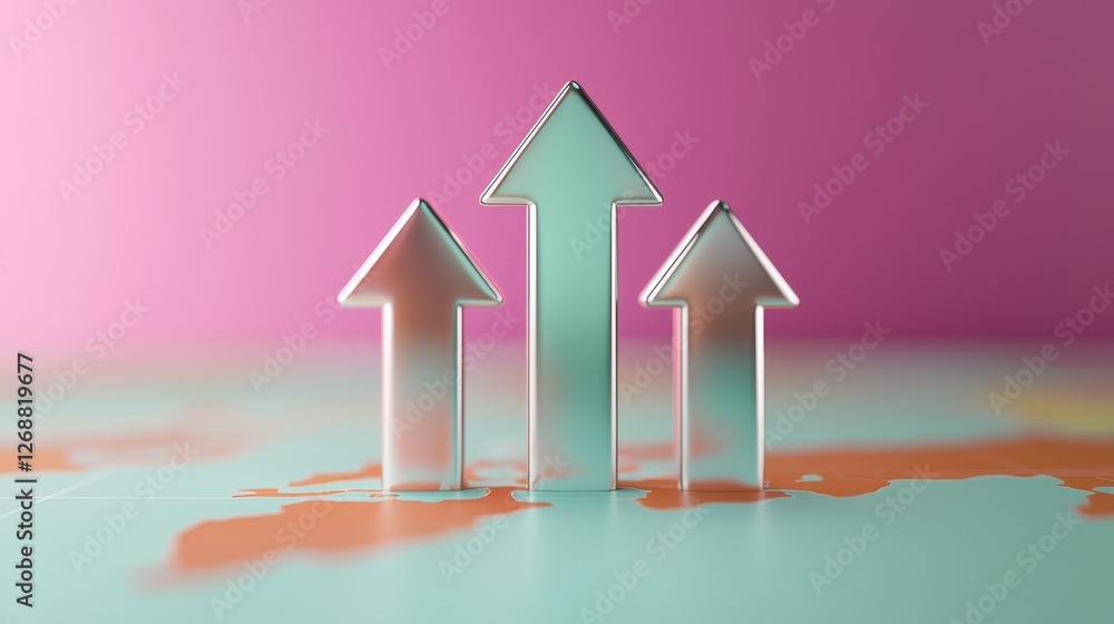Three Metallic Arrows Pointing Upward on a World Map Growth Concept Global Success Business Increase