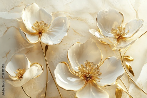Wallpaper Mural Detailed 3D design of organic flower sculptures in gold and white tones, enhanced by a soft, marble-like texture in the background. Torontodigital.ca