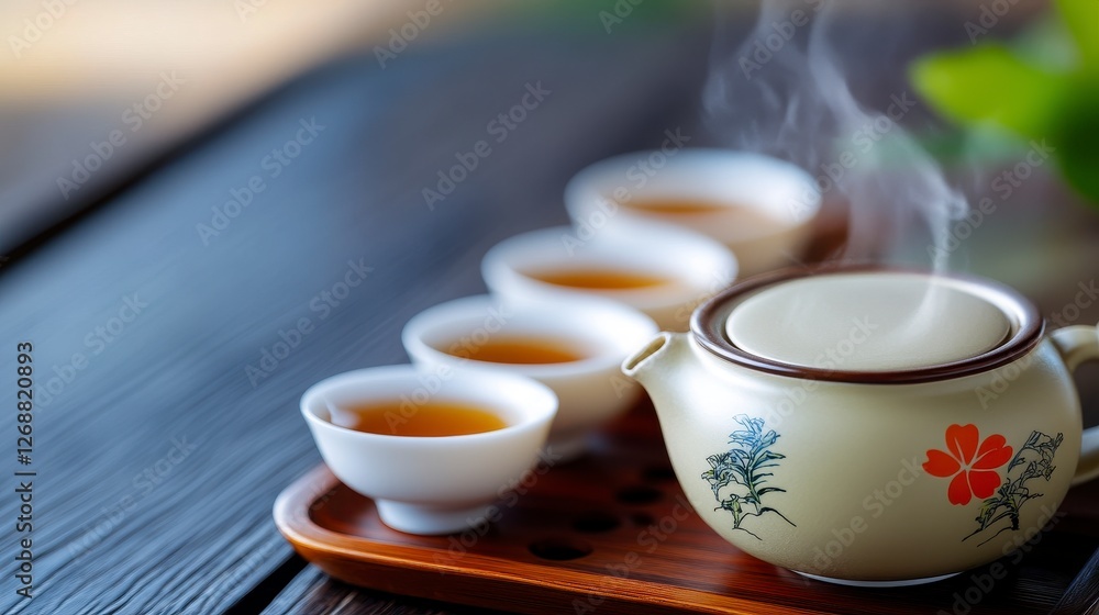 Warm Tea Ceremony: Beige Teapot and Cups on Wooden Tray Warm Tea Ceremony: Beige Teapot and Cups on Wooden Tray