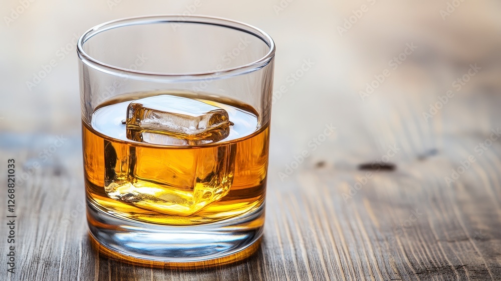 Whiskey in Rocks Glass on Wooden Table Whiskey in Rocks Glass on Wooden Table