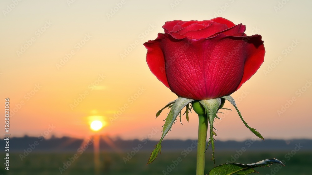 Red Rose with Water Droplets Against Warm Sunset Background Beauty and Love Red Rose with Water Droplets Against Warm Sunset Background Beauty and Love