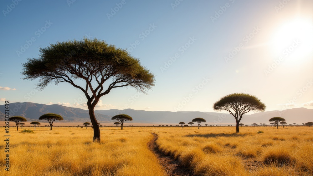 Sun at zenith, Savanna acacia trees noon sun clear horizon photorealistic. Sun at zenith, Savanna acacia trees noon sun clear horizon photorealistic.