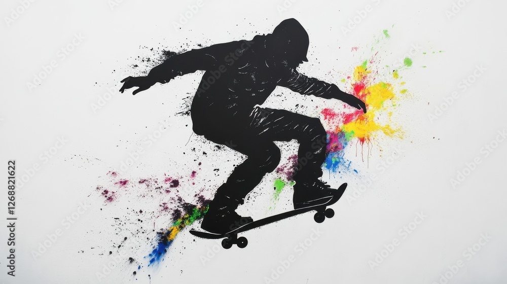 Naklejka premium Neon Urban Skateboarding Stencil Art, Urban Setting, Graphic Design, Creative Environment, Side View, Street Culture