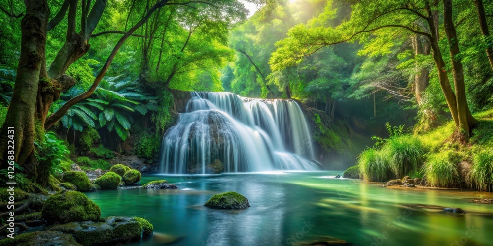 Fototapeta premium Waterfall in Forest with Lush Greenery, river, peaceful, river, peaceful, tranquil, riverbank, landscape,serene, stream