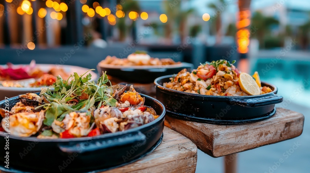 Seafood Dishes on Rustic Wooden Stands at Dusk Seafood Dishes on Rustic Wooden Stands at Dusk
