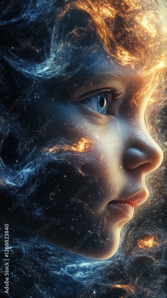 Surreal visualization of a child's face amidst cosmic elements and dreamy colors in an imaginative style Surreal visualization of a child's face amidst cosmic elements and dreamy colors in an imaginative style