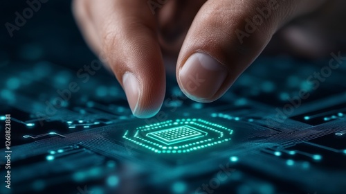 Fingertip Touching Glowing Teal Circuit Board Component