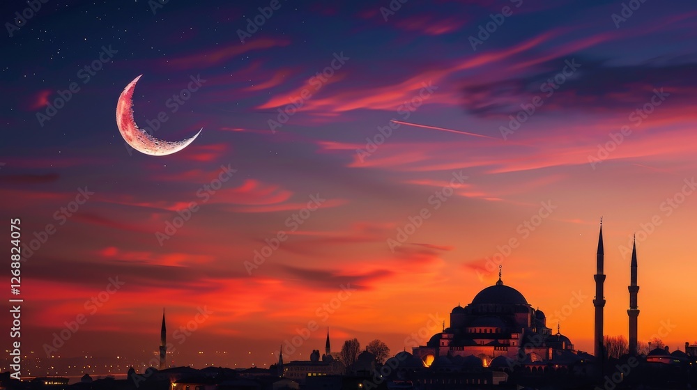 Obraz premium Crescent moon and mosque silhouette at dawn during Ramadan