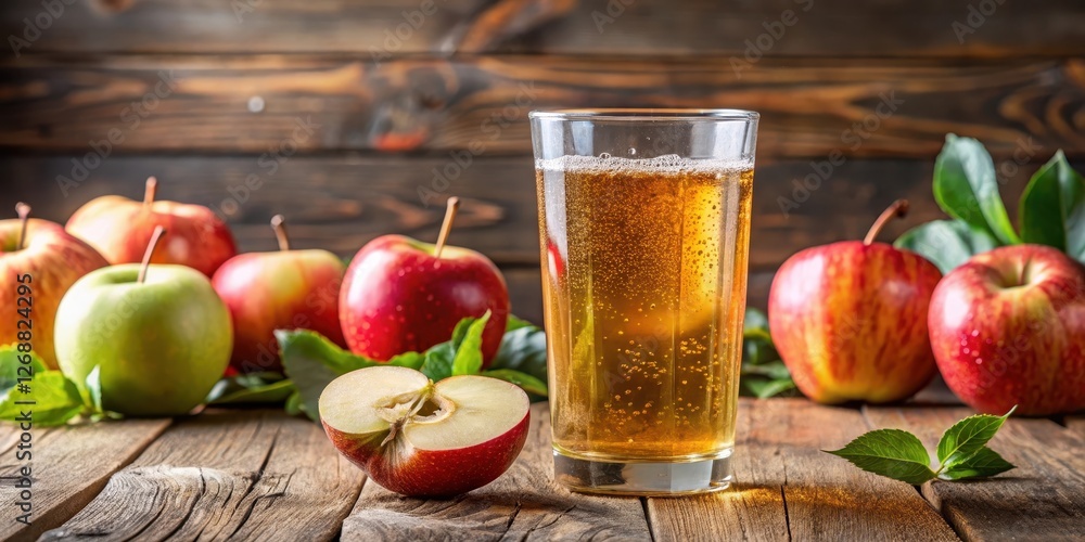 Fresh apple juice splash with bubbles in a glass on a wooden table, with a few slices of apple surrounding it , bubbles, beverage Fresh apple juice splash with bubbles in a glass on a wooden table, with a few slices of apple surrounding it , bubbles, beverage