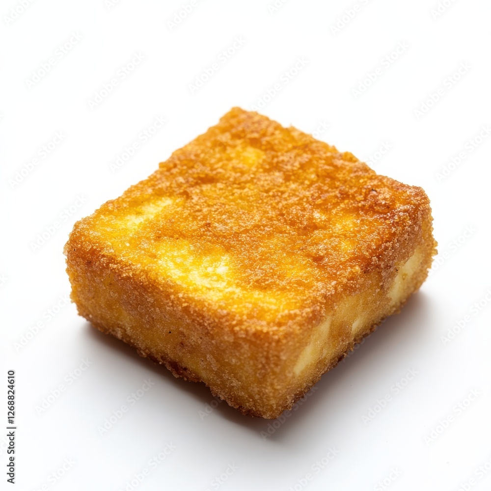 Golden fried tofu piece on a plain background highlighting its crispy texture and delightful appearance Golden fried tofu piece on a plain background highlighting its crispy texture and delightful appearance