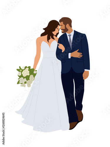 Happy Wedding couple with bouquet. Bride and groom in formal clothes on wedding day, marriage ceremony. Just married love couple, newlyweds. Realistic vector illustration isolated