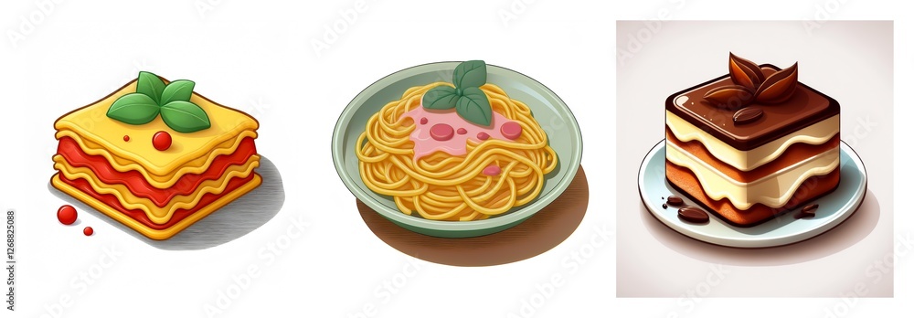 Three food dishes are presented: lasagna with basil, spaghetti with pink sauce and basil, and a square tiramisu dessert, all on white plates. Three food dishes are presented: lasagna with basil, spaghetti with pink sauce and basil, and a square tiramisu dessert, all on white plates.