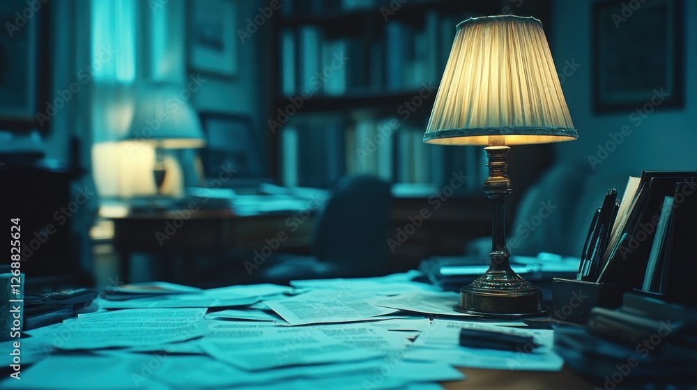 Night study desk lamp, papers, bookshelves, quiet work space Night study desk lamp, papers, bookshelves, quiet work space