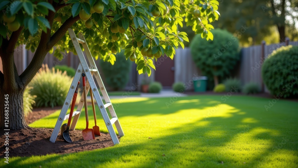Obraz premium Tree trimming ladder, Suburban backyard extendable ladder pear tree garden tools daylight photorealism.