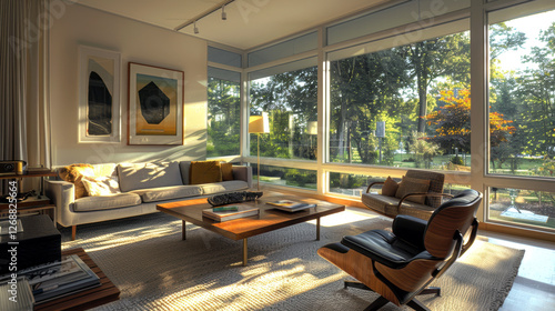 Cozy modern Mid-century living room with large windows and natural light.