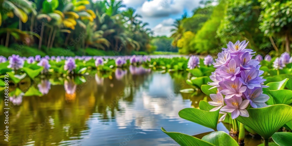 Eichhornia Crassipes Hyacinth Floating on Tropical River Pond in Trinidad and Tobago, Caribbean waterway, invasive aquatic plant Eichhornia Crassipes Hyacinth Floating on Tropical River Pond in Trinidad and Tobago, Caribbean waterway, invasive aquatic plant