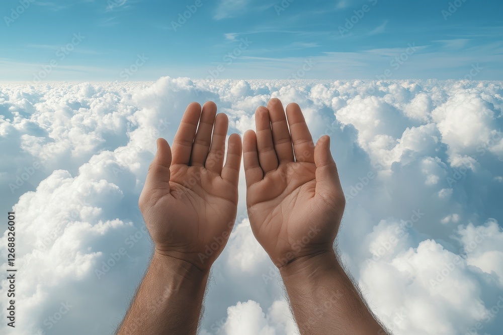 Hands Reaching Towards a Blue Sky Above White Clouds Hands Reaching Towards a Blue Sky Above White Clouds
