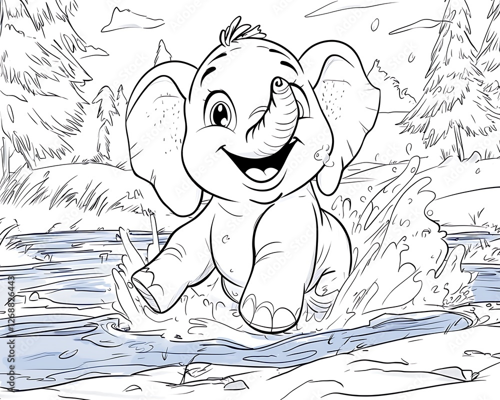 Obraz premium Happy Baby Elephant Splashing in Water Surrounded by Nature