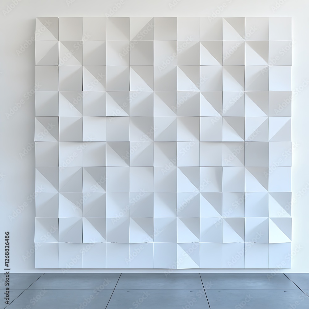 A modern art installation featuring a textured wall made of white triangular panels, creating a captivating play of light and shadow in a contemporary space. A modern art installation featuring a textured wall made of white triangular panels, creating a captivating play of light and shadow in a contemporary space.