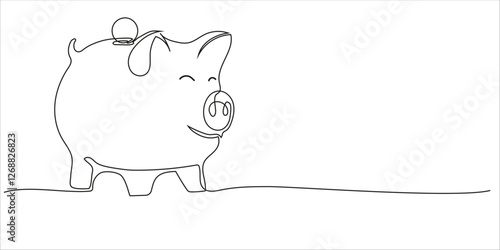 Continuous line drawing piggy bank on white background. Saving money concept, sales in linear style. Vector doodle illustration