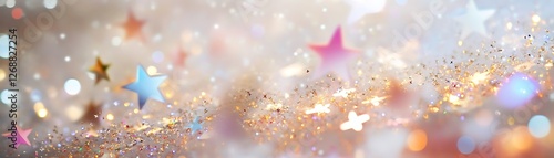 A dreamy background filled with colorful stars and shimmering bokeh lights, perfect for creative projects and illustrations photo