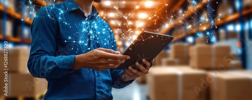 Person Using Tablet in Warehouse with Glowing Network Connections