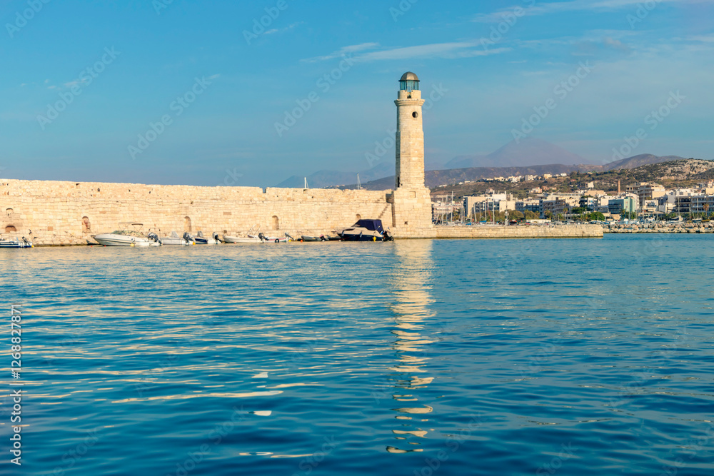 September 10, 2018. Greece. Rethymnon. A serene and picturesque Mediterranean harbor, complete with a lighthouse and vibrant fishing boats