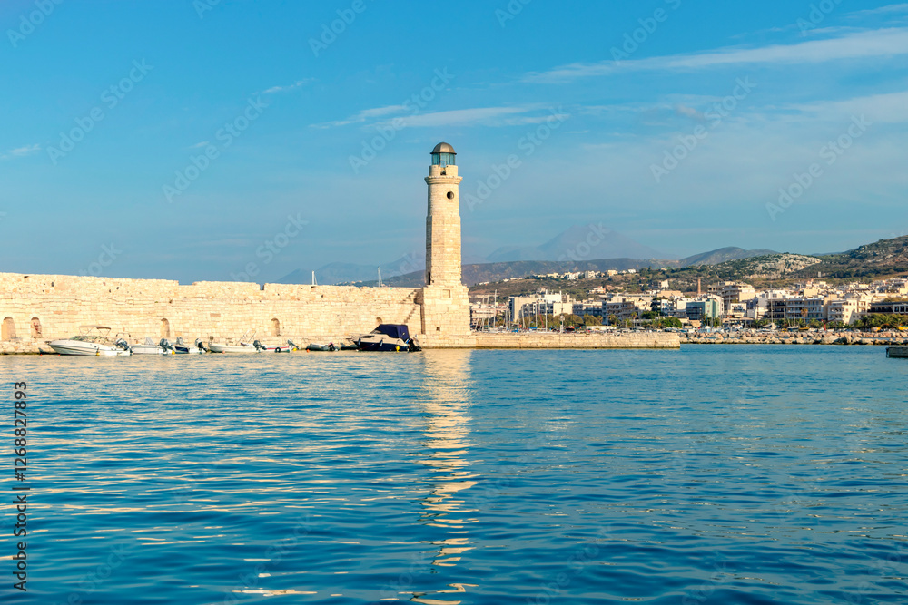September 10, 2018. Greece. Rethymnon. A serene and picturesque Mediterranean harbor, complete with a lighthouse and vibrant fishing boats