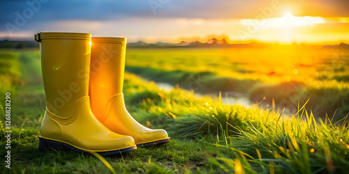 Yellow rain rubber boots in the garden with green grass. Spring background banner for gardening work or nature activities. Copy space for the text
