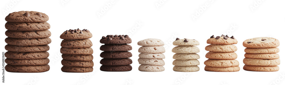Variety of chocolate chip and plain cookies arranged in stacks of different heights. Isolated on transparent background. Generative AI Variety of chocolate chip and plain cookies arranged in stacks of different heights. Isolated on transparent background. Generative AI