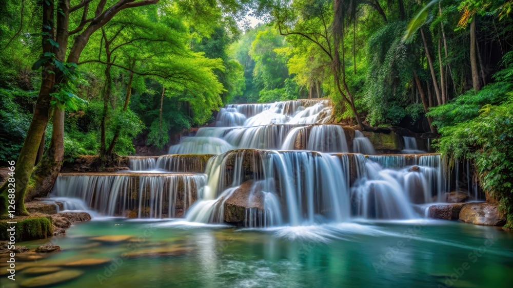 Fototapeta premium Dense foliage surrounds the base of a serene cascading waterfall in Pak Khlong , Pak Khlong